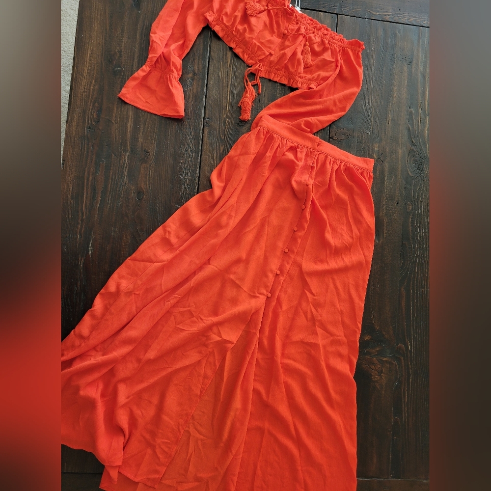 Vibrant Orange Off-Shoulder Top and Skirt Set Small